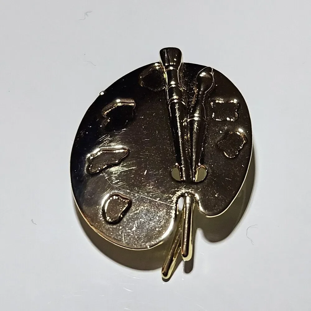Vintage AJC Marked Shiny Gold Tone Painters Palette & Brushes Brooch Pin